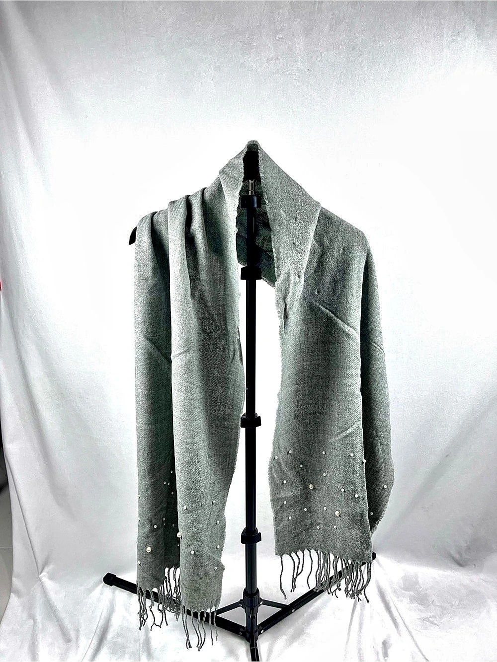 bebe Grey Knit Pearl Embellished Fringe Wrap Scarf